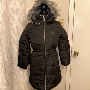 Calvin Klein Junior Girls' Long Length Hooded Puffer Jacket with Fleece Lining.